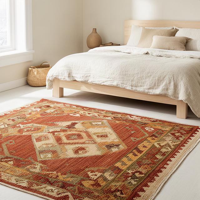 Tappeto Kilim artigianale dai toni terracotta in una camera luminosa