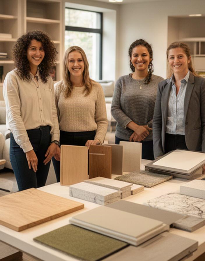 Team di interior designer riunito nello showroom di Via Gino Bartali a Trento accanto a campioni di legno e tessuti