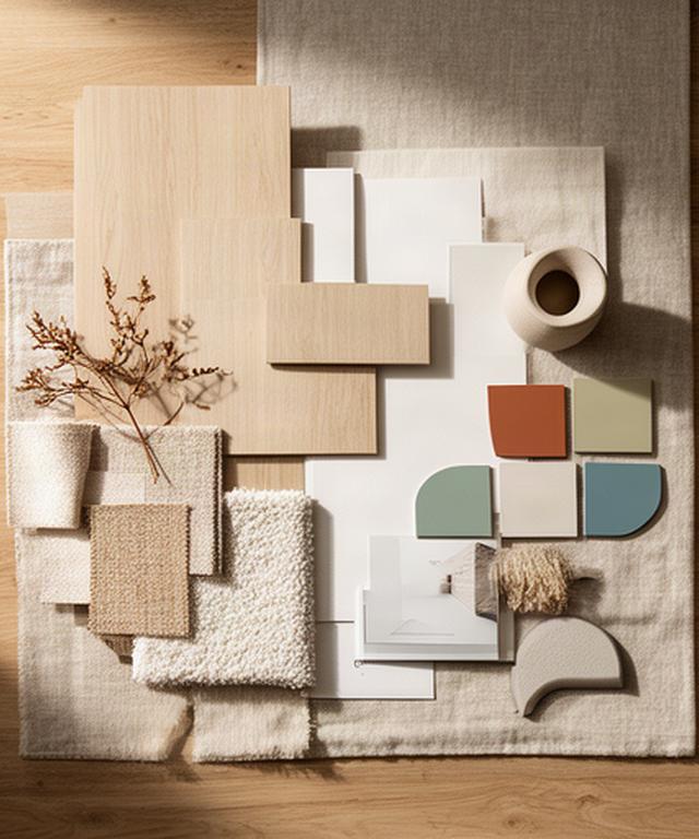 Moodboard di interior design con legno chiaro, tessuti naturali e campioni di colore su un tavolo