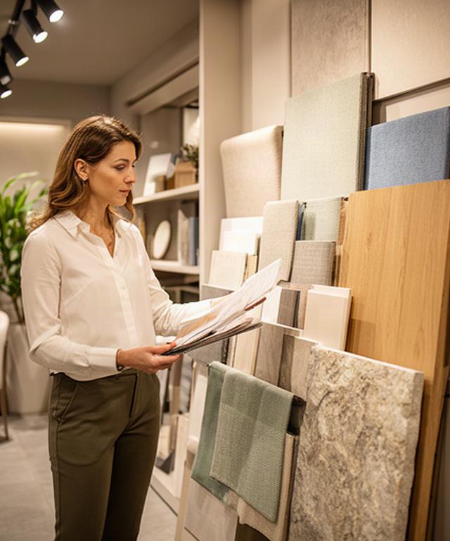 Consulente di interior design accanto a campioni di tessuto, legno e pietra nello showroom di Trento